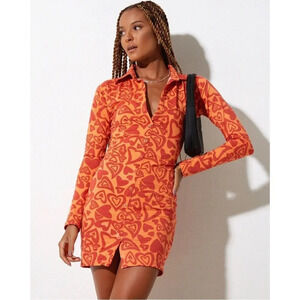 Motel Rocks Avaya Button Up Mini Dress in Retro Heart Orange